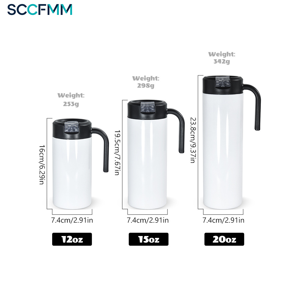 12oz/15oz/20oz Sublimation Tumblers With Handle Stainless Steel Double Wall Insulated Travel Mugs Sport Water Bottle DIY Print
