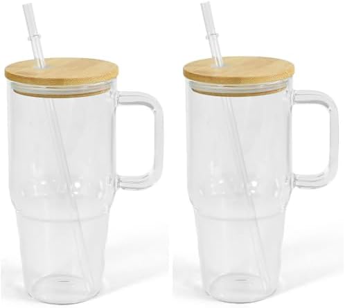 2 Pack Sublimation Blanks Frosted Glass Cups With Handles, 20oz Blanks Clear Glass Tumbler With Bamboo Lid, Coffee Mug For DIY Heat Transfer Print (2, Clear)|B0H79HPX71