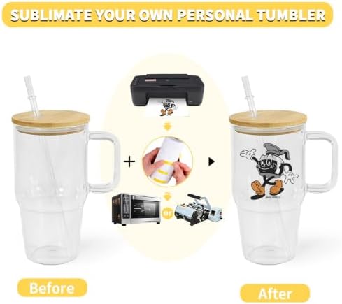 2 Pack Sublimation Blanks Frosted Glass Cups With Handles, 20oz Blanks Clear Glass Tumbler With Bamboo Lid, Coffee Mug For DIY Heat Transfer Print (2, Clear)|B0H79HPX71