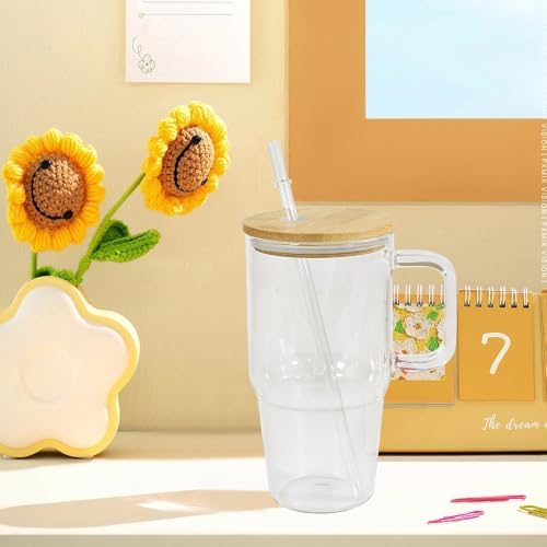 2 Pack Sublimation Blanks Frosted Glass Cups With Handles, 20oz Blanks Clear Glass Tumbler With Bamboo Lid, Coffee Mug For DIY Heat Transfer Print (2, Clear)|B0H79HPX71