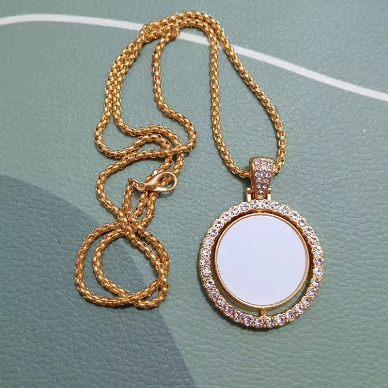 Sublimation Double-sided Rotating Pendant Heat-transfer Print Image Rhinestones High-end Feel Necklace for Birthday Gift