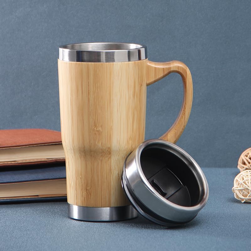 20oz Premium Bamboo Tumbler with Handle - Vacuum Insulated Thermos for Tea, Coffee - Bamboo Stainless Portable Thermal Travel Handle Mug Bottle For Office|B0DSDJN4WP