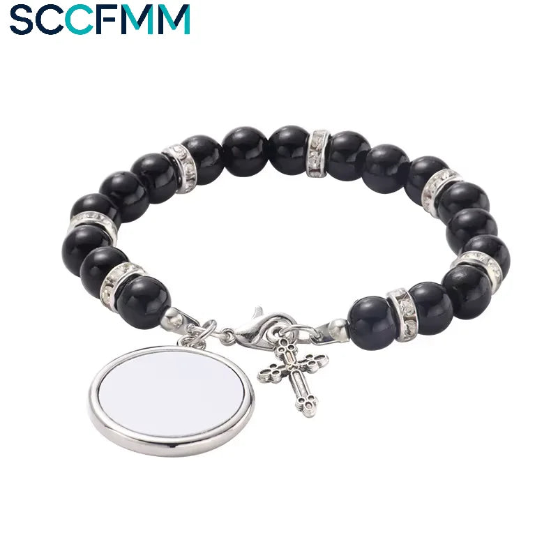 SSCFMM Sublimation Blank Rosary Bracelets Beads With Cross Pendants Catholic Rosary Religious Bracelets for Photo Name Print