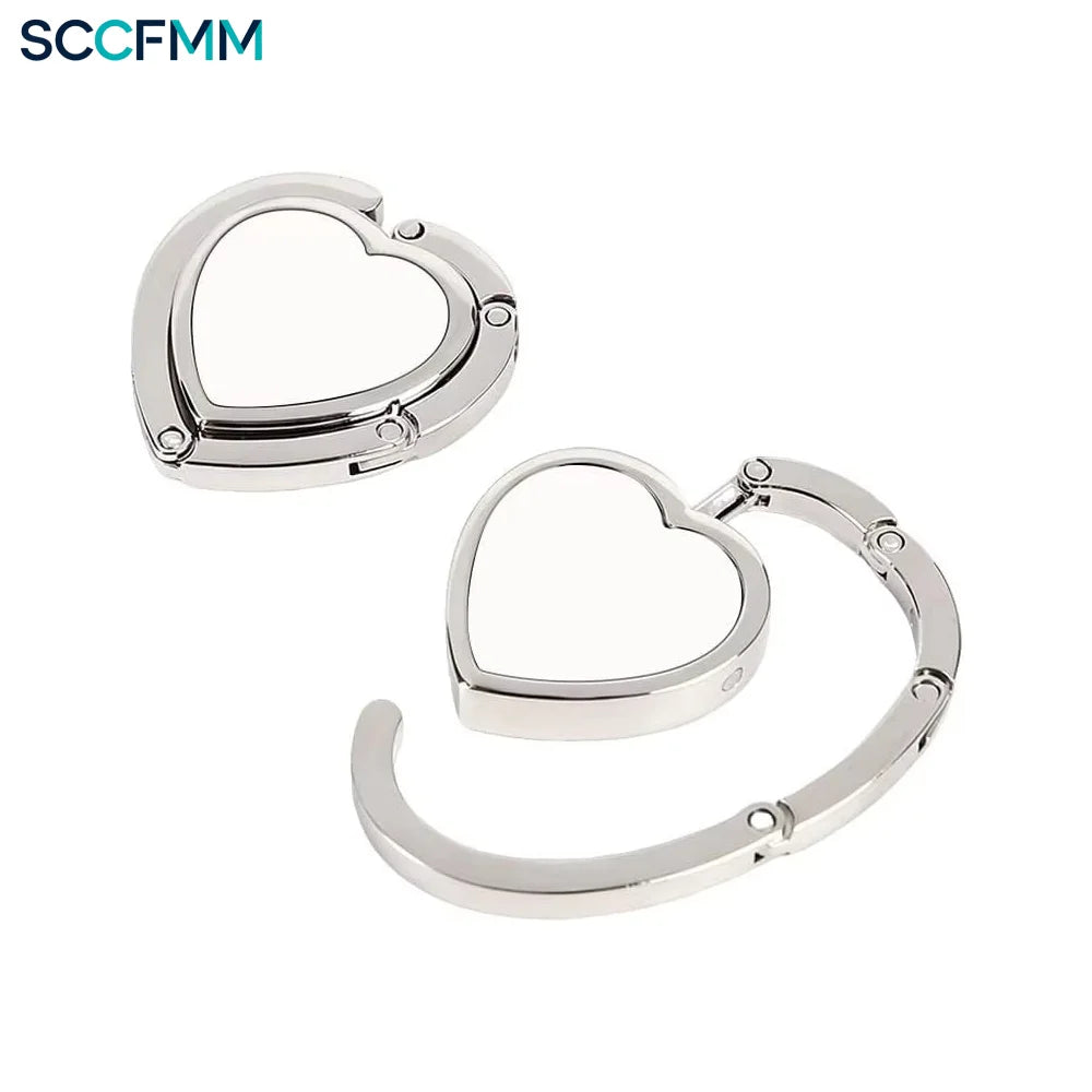 SCCFMM Sublimation Blank Heart Shape Metal Purse Hooks Handbag Hangers Portable and Foldable Custom Unique Bag Hook DIY Print