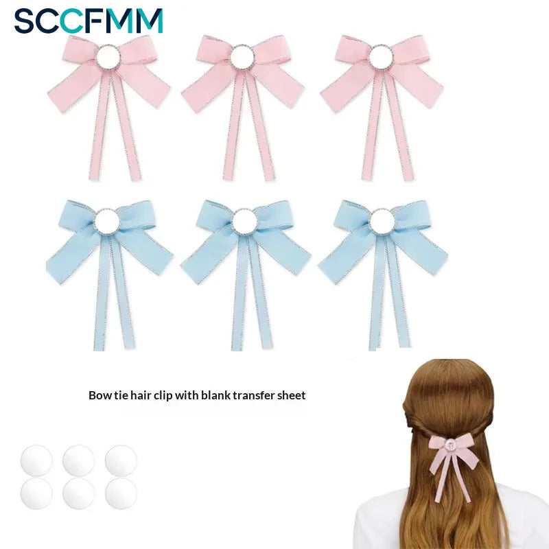 Sublimation Bow Hairpin Blue Pink Bow Hair Clips Hairpin Custom Personalized Gift for Friends Heat-transfer Print Logo Photo