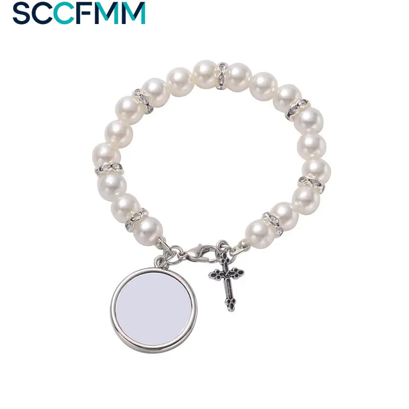 SSCFMM Sublimation Blank Rosary Bracelets Beads With Cross Pendants Catholic Rosary Religious Bracelets for Photo Name Print