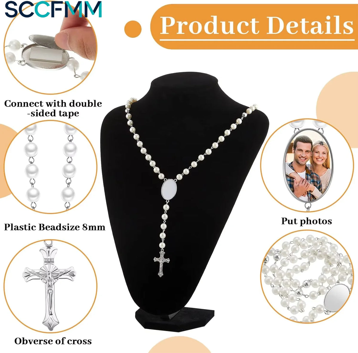 SCCFMM Custom Creative Gift Sublimation Rosary Beads Cross Necklace Border Pendants Necklace Jewelry Gifts for DIY Print Photo