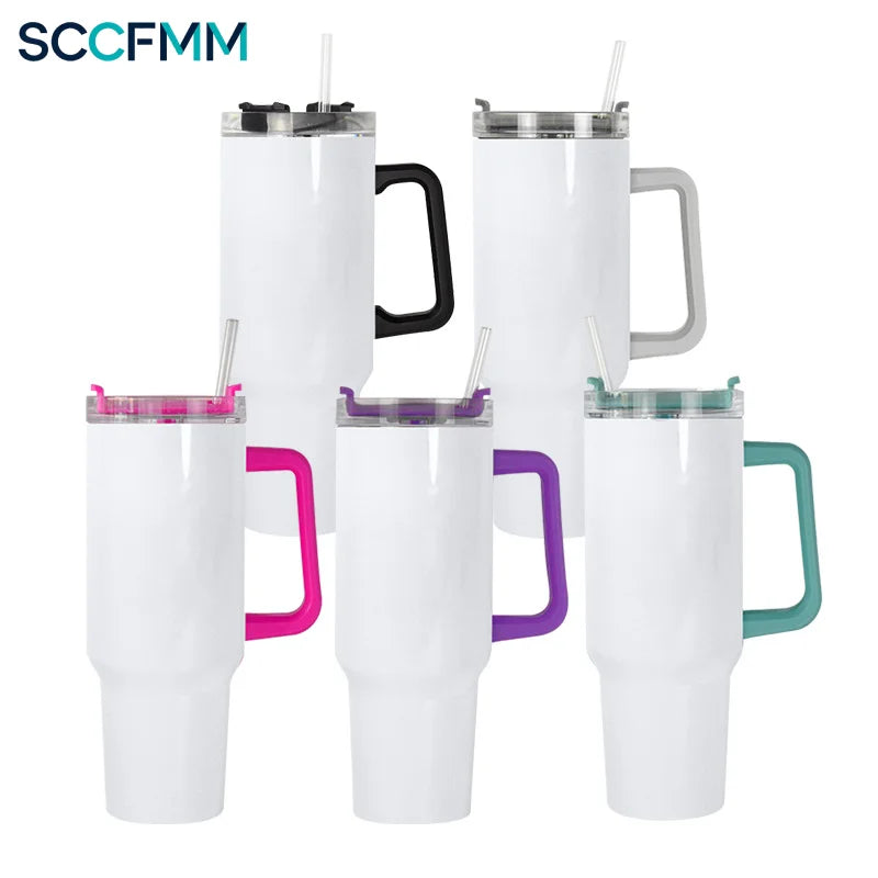 SCCFMM Thermal Sublimation 40oz Skinny Tumbler Sports Cup Colorful Handle Stainless Steel Car Water Bottle Travel Sippy Bottle