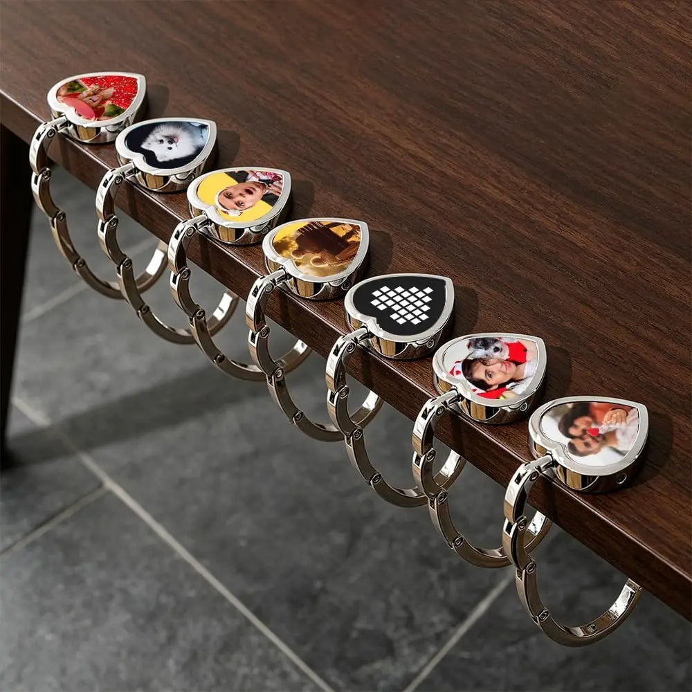 SCCFMM Sublimation Blank Heart Shape Metal Purse Hooks Handbag Hangers Portable and Foldable Custom Unique Bag Hook DIY Print