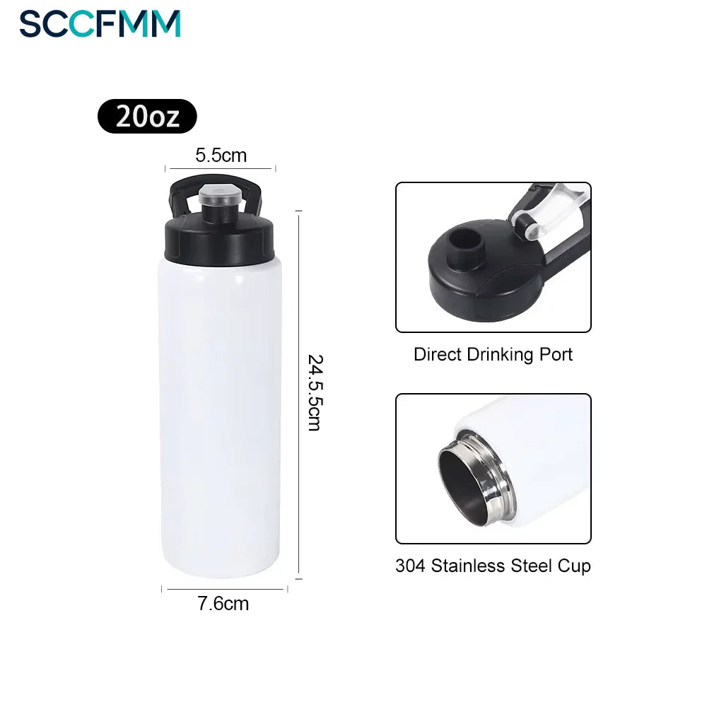 20oz/26oz Sublimation Water Bottle Stainless Steel Locking-Clip Flip-Top Straight-Drink Water Cup  for Heat Transfer Print