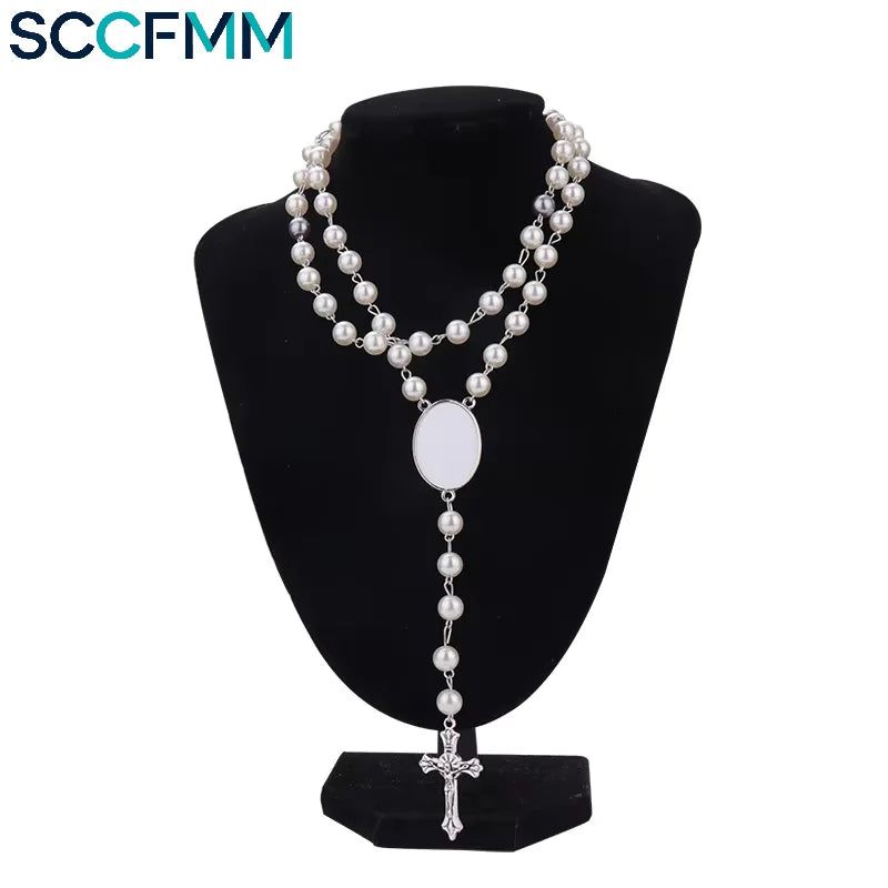 SCCFMM Custom Creative Gift Sublimation Rosary Beads Cross Necklace Border Pendants Necklace Jewelry Gifts for DIY Print Photo