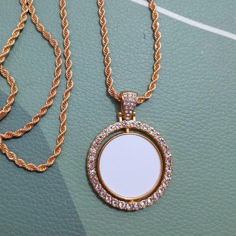 Sublimation Double-sided Rotating Pendant Heat-transfer Print Image Rhinestones High-end Feel Necklace for Birthday Gift