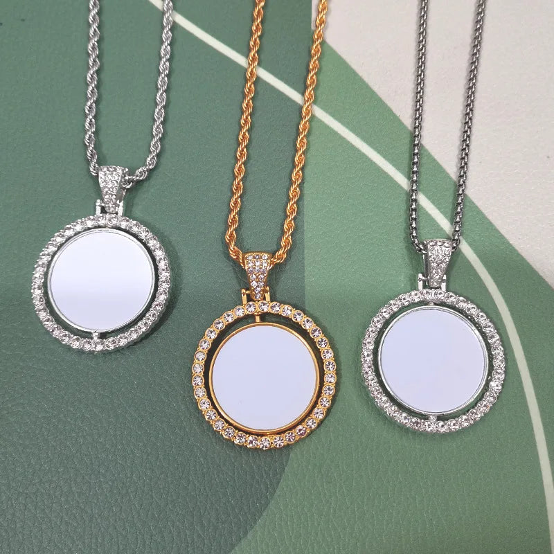 Sublimation Double-sided Rotating Pendant Heat-transfer Print Image Rhinestones High-end Feel Necklace for Birthday Gift