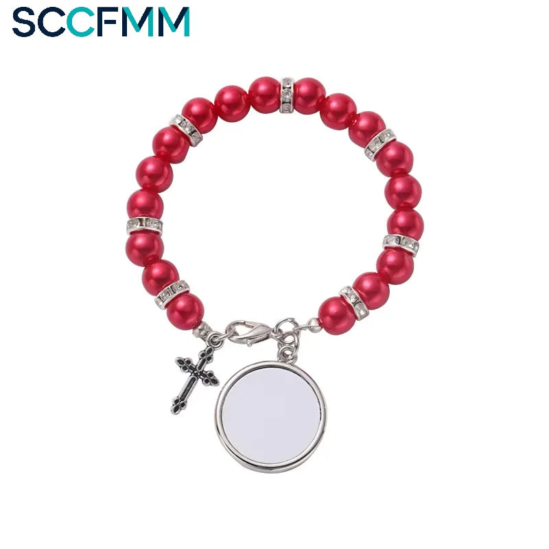 SSCFMM Sublimation Blank Rosary Bracelets Beads With Cross Pendants Catholic Rosary Religious Bracelets for Photo Name Print